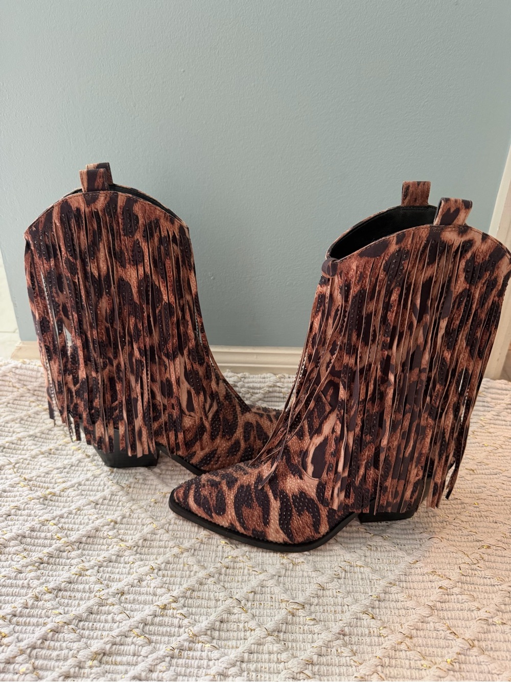 Jessica Simpson Leopard Print Fringe Ankle Boots - Brown & Black